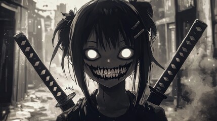 Sinister Anime Girl with Gun Smiling - Dark Anime Character Illustration