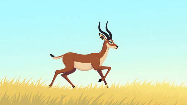 Antelope running in grassy field with blue background illustration natural wildlife scene