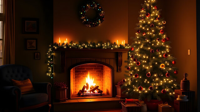 Cozy Christmas Tree Fireplace Holiday Spirit Glowing with Warmth and Traditions