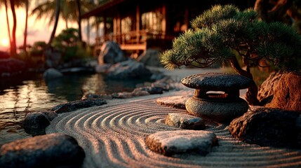 Serene Zen Garden at Sunset Tranquil Rocks Sand and Bonsai
