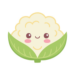Obraz premium Cute cartoon cauliflower with a smiling face nestled in green leaves