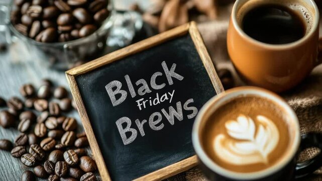 Cozy coffee shop with chalkboard sign celebrating black friday with fresh brews and coffee beans concept of black friday