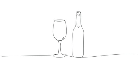 Continuous one line drawing of Wine bottle and wine glass. One line drawing illustration of Wine bottle with glass. Alcoholic drink concept vector art. Illustration