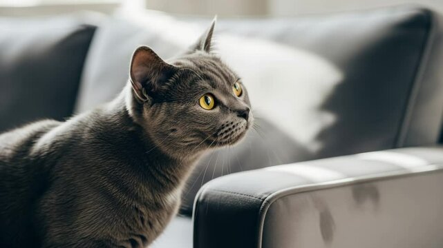 Gato gris elegante estirando el cuello en video

