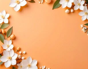 Fondo de primavera con tono naranja pastel, flores blancas y hojas delicadas en el borde
