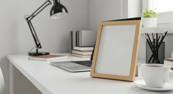 Blank Frame Mockup on Modern Workspace Desk - Powered by Adobe