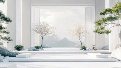 Serene Minimalist White Interior with Nature Views and Decorative Bonsai Trees