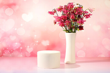 Abstract flower arrangement with empty podium for product display, template for display, Beautiful spring blooming columbine on sunny background, banner, still life with place for text,