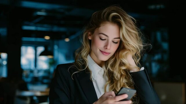 Flirtatious woman scrolling on phone in modern office setting, smiling softly with suggestive charm, elegant outfit and moody background lighting