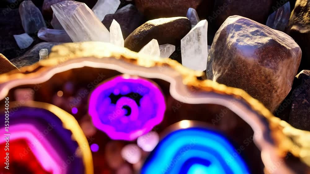 Poster collection of polished agate stones displaying vibrant concentric bands and unique patterns in a dis
