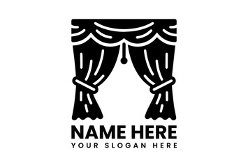Elegant black silhouette vector logo of opened stage curtains with draped fabric and decorative ties for theater productions