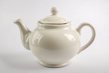 Elegant white ceramic teapot front view isolated on bright surface for tea time celebration or cozy gathering