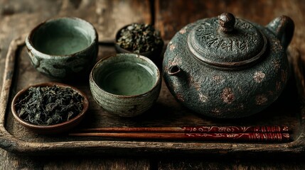 Tea Ceremony Still Life Rustic Teapot and Cups with Dried Leaves