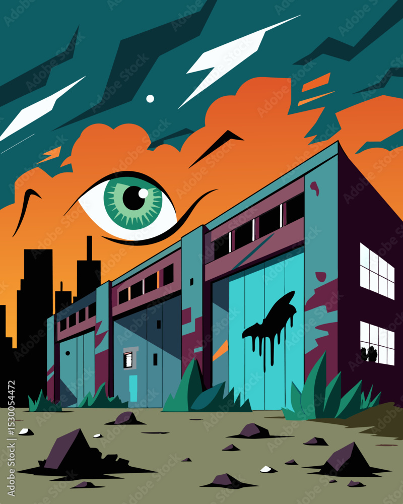 Poster the graffiti on the abandoned warehouse seemed to mock and accuse the broken windows the eyes in the