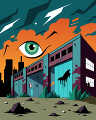 The graffiti on the abandoned warehouse seemed to mock and accuse the broken windows the eyes in the background serving as a constant reminder of neglect and decay.. Vector illustration