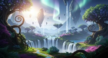 Fantasy World Scenery with Floating Islands and Waterfalls