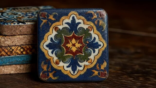 Rustic Decorative Tile Coasters Stacked on Wooden Table