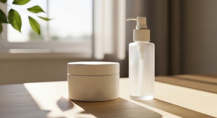 Fototapeta premium Minimalist Cream and Lotion on Wooden Surface