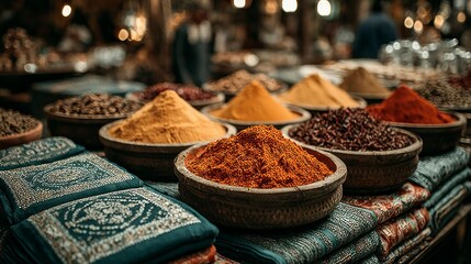 Fototapeta premium Vibrant Spices and Textiles at a Market Stall