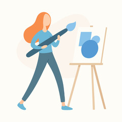 Flat Illustration Young Woman Painting on Canvas with Brush Creative Hobby