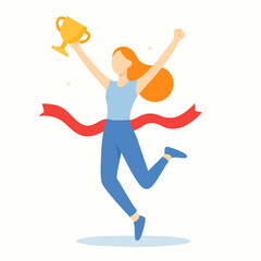 Flat Character Illustration of Woman Celebrating Victory with Trophy and Ribbon