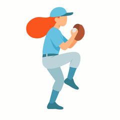 Flat Style Young Woman Pitching Baseball with Red Hair Illustration