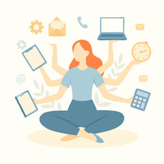 Flat Illustration Multitasking Woman Doing Many Tasks Business Management