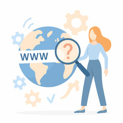 Flat Illustration Woman Inspecting Earth Globe World Wide Web Global Network