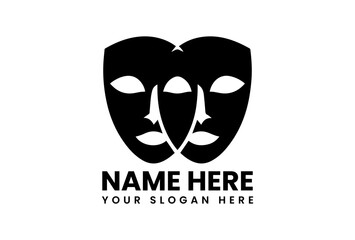 Dramatic black vector logo featuring intertwined comedy and tragedy theatrical masks representing performing arts