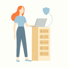 Flat Style Woman Using Laptop with Server Rack Technology Illustration