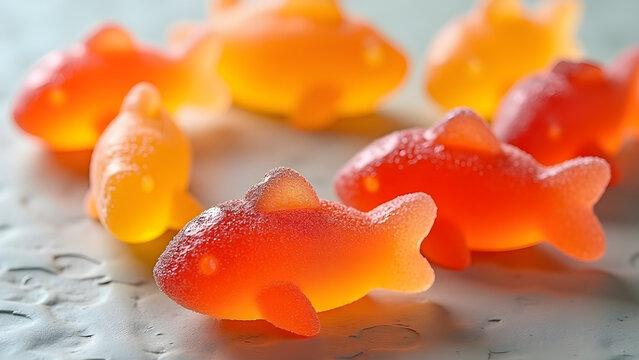 Colorful gummy fish and jelly candy. Bright orange gummy fish and jelly candies are artfully arranged on a textured background, highlighting their shapes.