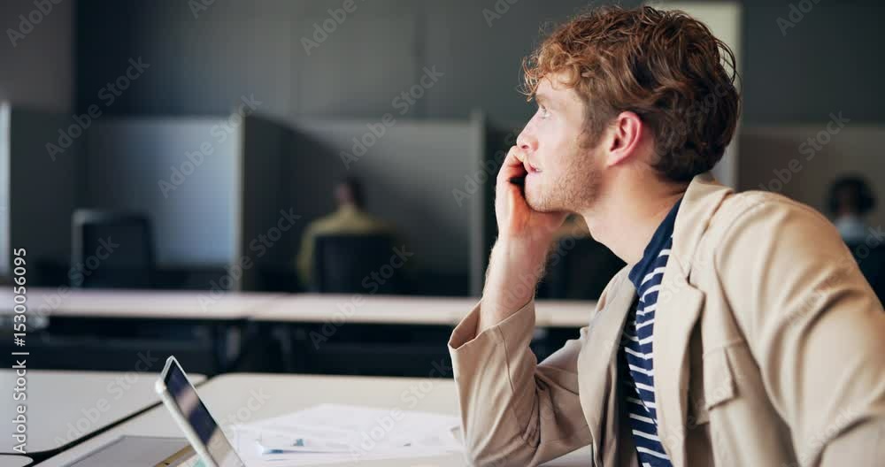 Poster thinking, tablet and business man in office with paperwork for seo research, project review and repo