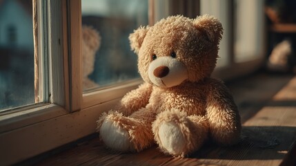 A soft brown teddy bear sitting with its back turned on a sunlit wooden floor. Warm and nostalgic, perfect for emotional storytelling, childhood memory, or quiet moments of reflection.