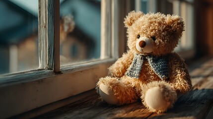 A soft brown teddy bear sitting with its back turned on a sunlit wooden floor. Warm and nostalgic, perfect for emotional storytelling, childhood memory, or quiet moments of reflection.