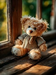A soft brown teddy bear sitting with its back turned on a sunlit wooden floor. Warm and nostalgic, perfect for emotional storytelling, childhood memory, or quiet moments of reflection.