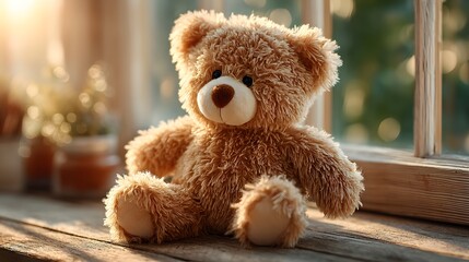 A soft brown teddy bear sitting with its back turned on a sunlit wooden floor. Warm and nostalgic, perfect for emotional storytelling, childhood memory, or quiet moments of reflection.