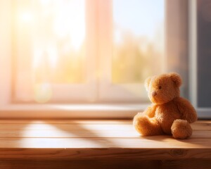 A soft brown teddy bear sitting with its back turned on a sunlit wooden floor. Warm and nostalgic, perfect for emotional storytelling, childhood memory, or quiet moments of reflection.