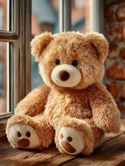 A soft brown teddy bear sitting with its back turned on a sunlit wooden floor. Warm and nostalgic, perfect for emotional storytelling, childhood memory, or quiet moments of reflection.
