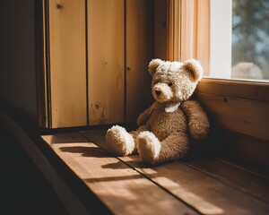 A soft brown teddy bear sitting with its back turned on a sunlit wooden floor. Warm and nostalgic, perfect for emotional storytelling, childhood memory, or quiet moments of reflection.