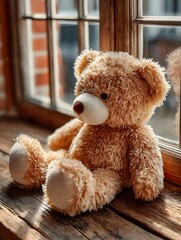 A soft brown teddy bear sitting with its back turned on a sunlit wooden floor. Warm and nostalgic, perfect for emotional storytelling, childhood memory, or quiet moments of reflection.