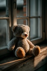A soft brown teddy bear sitting with its back turned on a sunlit wooden floor. Warm and nostalgic, perfect for emotional storytelling, childhood memory, or quiet moments of reflection.