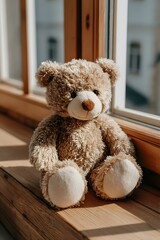 A soft brown teddy bear sitting with its back turned on a sunlit wooden floor. Warm and nostalgic, perfect for emotional storytelling, childhood memory, or quiet moments of reflection.