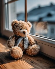 A soft brown teddy bear sitting with its back turned on a sunlit wooden floor. Warm and nostalgic, perfect for emotional storytelling, childhood memory, or quiet moments of reflection.