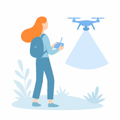 Flat Simple Style Female with Drone and Remote Controller Illustration
