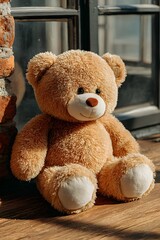 A soft brown teddy bear sitting with its back turned on a sunlit wooden floor. Warm and nostalgic, perfect for emotional storytelling, childhood memory, or quiet moments of reflection.