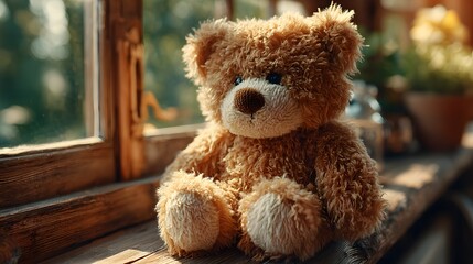 A soft brown teddy bear sitting with its back turned on a sunlit wooden floor. Warm and nostalgic, perfect for emotional storytelling, childhood memory, or quiet moments of reflection.