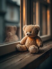 A soft brown teddy bear sitting with its back turned on a sunlit wooden floor. Warm and nostalgic, perfect for emotional storytelling, childhood memory, or quiet moments of reflection.