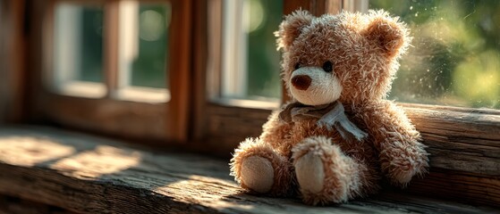 A soft brown teddy bear sitting with its back turned on a sunlit wooden floor. Warm and nostalgic, perfect for emotional storytelling, childhood memory, or quiet moments of reflection.