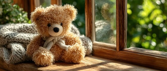 A soft brown teddy bear sitting with its back turned on a sunlit wooden floor. Warm and nostalgic, perfect for emotional storytelling, childhood memory, or quiet moments of reflection.