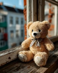 A soft brown teddy bear sitting with its back turned on a sunlit wooden floor. Warm and nostalgic, perfect for emotional storytelling, childhood memory, or quiet moments of reflection.
